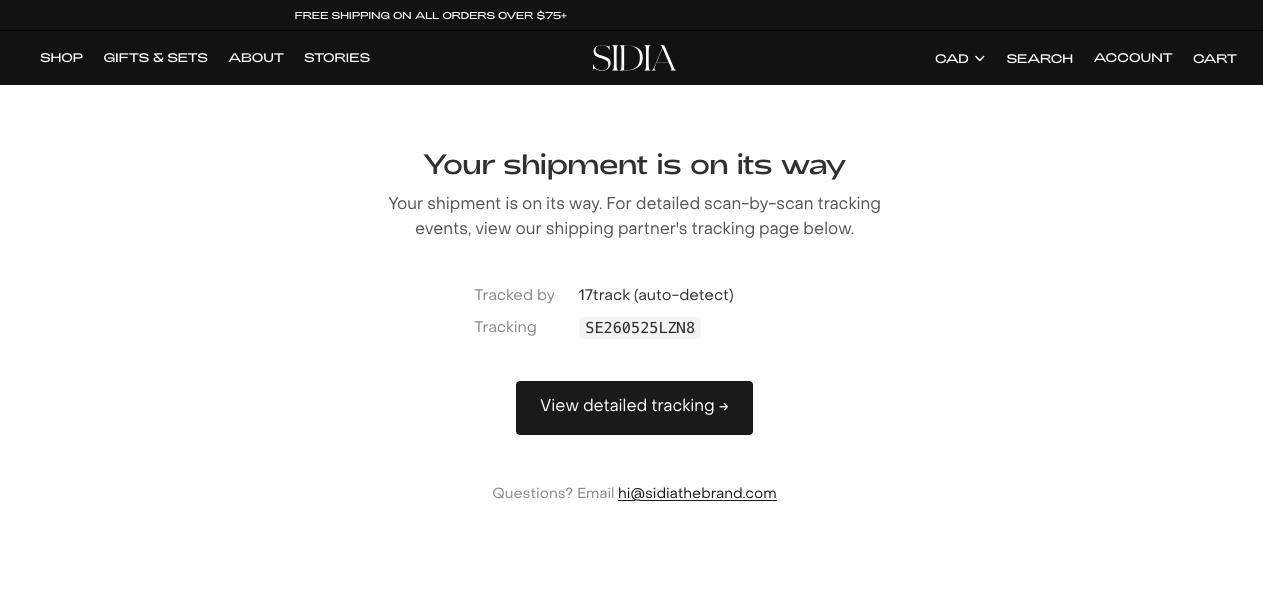 Sidia's live branded tracking page, in-transit state